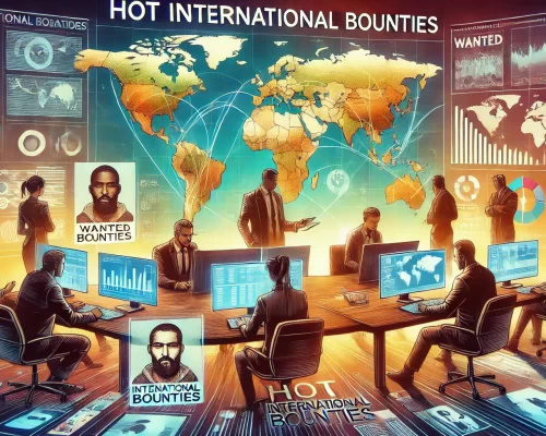 DALL·E 2024-10-21 19.08.27 - An engaging and dynamic illustration for 'Hot International Bounties.' The image should depict a diverse team of professionals collaborating in an off