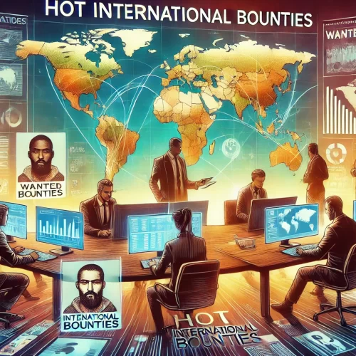 DALL·E 2024-10-21 19.08.27 - An engaging and dynamic illustration for 'Hot International Bounties.' The image should depict a diverse team of professionals collaborating in an off