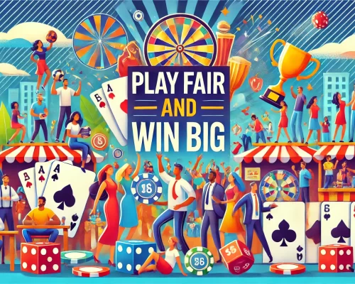 DALL·E 2024-10-21 19.12.17 - A vibrant and engaging illustration themed around 'Play Fair and Win Big.' The image should depict a diverse group of people in a dynamic environment,