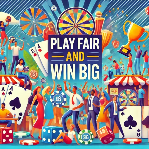 DALL·E 2024-10-21 19.12.17 - A vibrant and engaging illustration themed around 'Play Fair and Win Big.' The image should depict a diverse group of people in a dynamic environment,