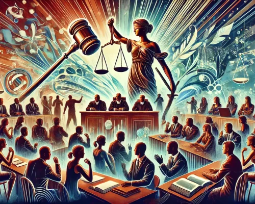 DALL·E 2024-10-22 19.25.48 - A powerful and symbolic illustration representing the 'Role in Reforming the Legal System.' The image should depict a diverse group of legal professio