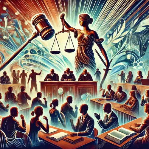 DALL·E 2024-10-22 19.25.48 - A powerful and symbolic illustration representing the 'Role in Reforming the Legal System.' The image should depict a diverse group of legal professio