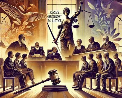 DALL·E 2024-10-22 19.28.32 - A powerful and evocative illustration representing the theme 'Cases Brought to Justice.' The image should depict a courtroom scene with diverse indivi