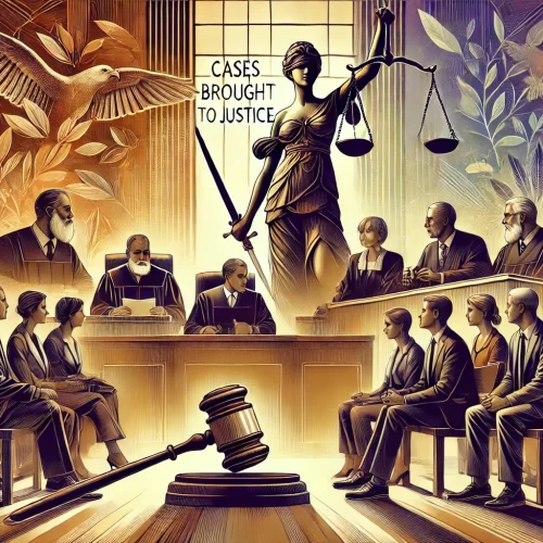 DALL·E 2024-10-22 19.28.32 - A powerful and evocative illustration representing the theme 'Cases Brought to Justice.' The image should depict a courtroom scene with diverse indivi